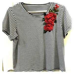 Black and white striped embroidered top